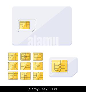 Sim-Karten-Chipsatz Für Mobiltelefone. Intelligenter GSM-Chip für drahtlose Kommunikation. Mikro und Nano Stock Vektor