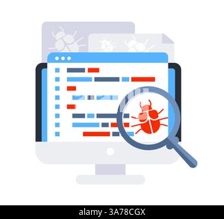Computerfehlererkennung. Fehlerbenachrichtigung für Bug. Systemfehlerwarnung. Software wird getestet. Lupe sucht nach Malware Stock Vektor