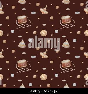 Vintage-Kinderspielzeug mit nahtlosem Muster, Ball, Trommel, Pyramide, Würfel. Aquarellillustration auf Farbe, Burgunderrot, rotem Hintergrund im Retro-Stil für Stockfoto