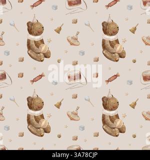 Vintage-Spielzeug mit nahtlosem Muster Teddybär. Aquarellabbildung auf hellbeigem Farbhintergrund im Retro-Stil für den Druck auf Textilien, Stoffe Stockfoto