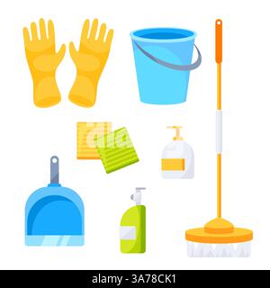 Reinigungswerkzeuge für Haushalte. Reinigungs- und Desinfektionswerkzeug. Haushaltszubehör Stock Vektor