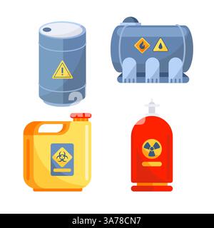 Behälter für giftige und chemische Substanzen. Set für brennbare Abfälle. Heizölfass für Transportlagerung Stock Vektor