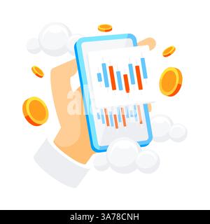 Online-Handel mit Aktien mit Smartphone. Geschäftsdiagramm oder Börsendiagramm. Kerzendiagramm, Kryptowährung Stock Vektor