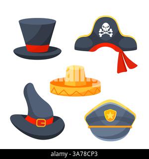 Kollektion Karnevalskostüme Hüte. Inklusive Piraten, Polizei, Hexenhut und Cowboy Stock Vektor