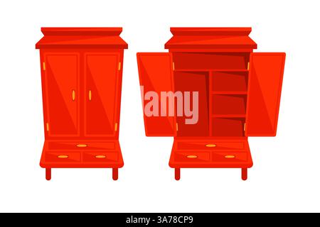 Offener Kleiderschrank. Moderne, weiche Möbel. Schränke für die Innenausstattung des Schlafzimmers. Stock Vektor