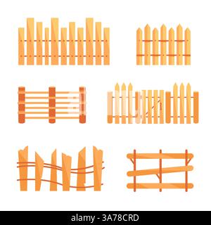 Holzgehäuse. Zäune Materialien für Holzstangen. Garten- oder Bauernhof-Palisade. Schutzgeländer, Geländer. Stock Vektor