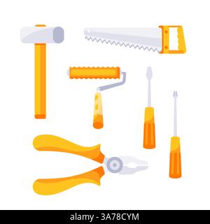 Mechaniker, Bauwerkzeugsatz für Hausreparaturen. Renovierungsset. Ausrüstung für die Reparatur Stock Vektor