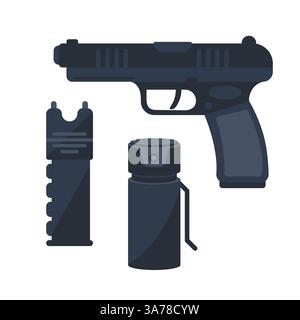 Sammlung von Selbstverteidigungsausrüstung. Pistole und Pfefferspray. Tragbare Schutzwerkzeuge für persönliche Sicherheit. Stock Vektor