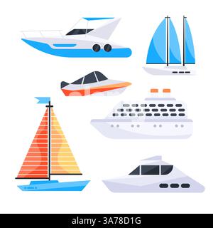 Luxusyachten, Motorboote und Segelboote Set. Segelschiff. Verschiedene Arten des Wassertransports Stock Vektor