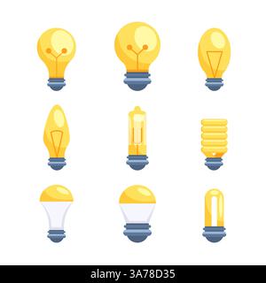 Symbolsatz für Glühlampen. Glühlampe. Elektrische Lampe. Energiesparlampen und CFL-Lampen Stock Vektor