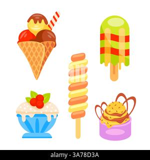 Süßeis. Leckere Eissorten und Eiszapfen. Stock Vektor