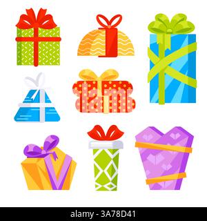 Geschenkbox-Set. Überraschung für festliche Geschenke. Farbenfrohe Geschenkboxen Stock Vektor