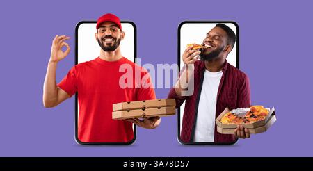 Moderne Käufer genießen Online-Einkäufe für Pizzalieferungen Stockfoto