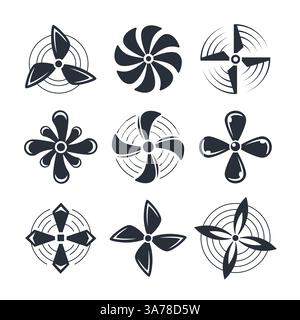 Flugzeugpropeller und Motorblätter. Flugzeugpropellersatz. Symbole Lüfter dreht sich. Stock Vektor
