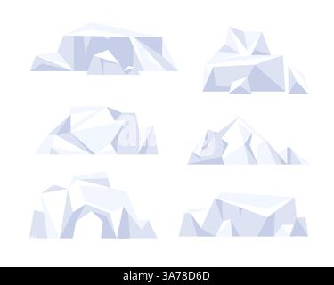 Sorten Eisberge Set. Antarktisches Karikatureis. Schwimmender Eisberg. Schmelzende Eisberge und gefrorene Eisblöcke. Stock Vektor
