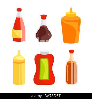 Saucflaschen Set. Sammlung von Gewürzen, einschließlich Ketchup, Senf und Mayonnaise Stock Vektor