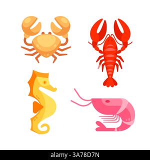 Fisch und Meeresfrüchte. Meeresbewohner, einschließlich Krabben, Garnelen und Hummer. Stock Vektor