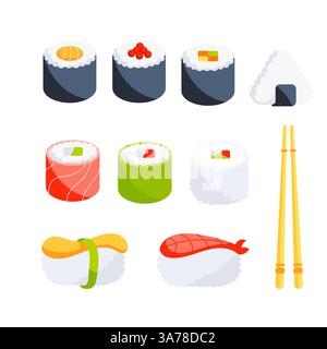 Japanisches Sushi-Brötchen-Set. Cartoon-Gericht mit Meeresfrüchten. Reis in Nori-Algen gewickelt. Stock Vektor