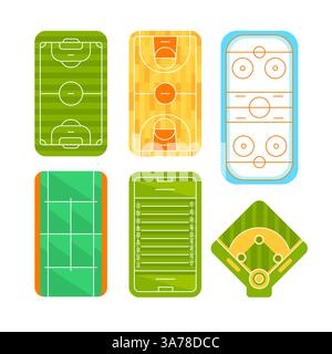 Sportplatz. Felder für Sportspiele. Basketball, Volleyball, Fußball und Eishockey, Tennis und Baseball Stock Vektor