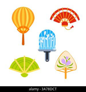 Handpapier Fächersatz. Chinesischer Handventilator. Traditioneller faltbarer asiatischer Handventilator Stock Vektor