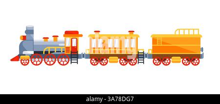 Ein klassischer Zug auf der Eisenbahn. Wild West Dampflokomotive. Passagierdampfbahn Stock Vektor