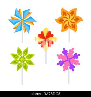 Spielzeug für Windmühlen. Origami-Ventilatorset. Papierspielzeug mit Windrad. Stock Vektor