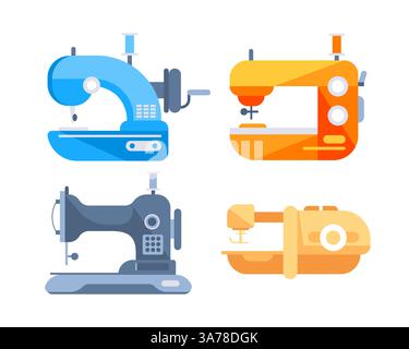 Nähmaschinenset. Mechanische Vorrichtungen zum Nähen von Textilien. Handgefertigte Handarbeiten Stock Vektor