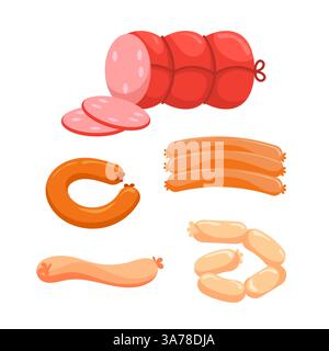 Fleischprodukte-Set. Würstchen mit Scheiben. Ganze und in Scheiben geschnittene landwirtschaftliche Fleischerzeugnisse. Stock Vektor