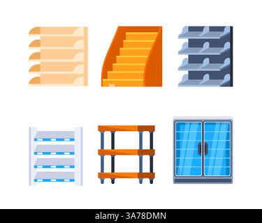 Showcases anzeigen. Regale lagern. Einzelhandel, Supermarkt Regalregal. Kasse. Stock Vektor