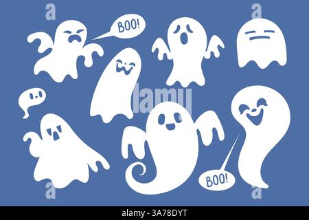 Gruseliger halloween-Geist. Fliegenphantom-Geist. Geheimnisvolle Nachtschattenfiguren. Stock Vektor