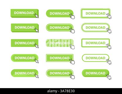 Download-Schaltfläche mit Mausklick. Web-Schaltfläche. Fingerdruck. Klicken Sie hier, um das Konzept herunterzuladen. Vektorabbildung Stock Vektor