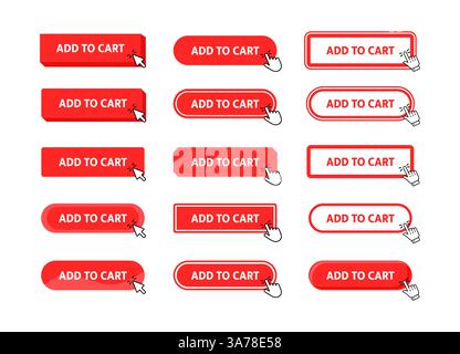 Schaltfläche zum Warenkorb hinzufügen mit Mausklick. Web-Schaltfläche. Fingerdruck. Klicken Sie hier, um das Konzept in den Warenkorb zu legen. Vektorabbildung Stock Vektor