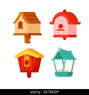 Vogelhäuser Aus Holz. Nistkästen für Vögel für den Garten. Garten Vogelhäuschen für die Fütterung von Vögeln Stock Vektor