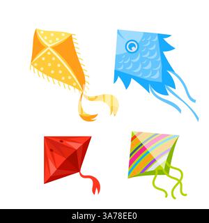 Drachen im Himmel. Fliegendes Spielzeug mit Band und Schwanz für Kinder. Zeichentrickdrachen Stock Vektor