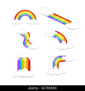 Regenbogen und runder Halogenbogen mit Wolken auf weißem Hintergrund. Stock Vektor