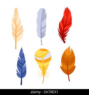 Vogelfederset. Flauschige, leichte Federdecken. Thrombozyten-Kollektion. Stock Vektor