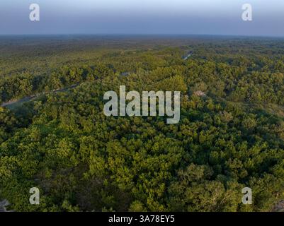 Ein Blick aus der Vogelperspektive auf die Sundarbans mit dem weltweit größten Mangrovenwald in Bagerhat, Bangladesch. Stockfoto