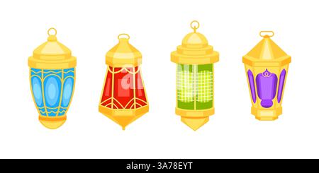 Berühmte Laternen. Wunderschöne muslimische Zierlampen, Laternen, die an Ketten hängen Stock Vektor