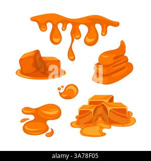 Flüssiges Karamell stürzt sich vor einem weißen Hintergrund und schafft ein süßes Schauspiel. Satter Toffee fließt sanft und bildet einen leckeren Leckerbissen Stock Vektor