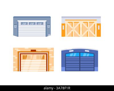 Garagentortore Set. Rollgarage für Cartoon-Stauraum. Metallwalzen für Lagerläden. Stock Vektor