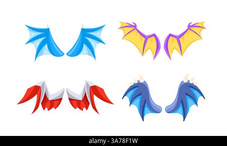 Vier Paare farbenfroher Feen- oder Drachenflügel sind weit verbreitet und zeigen ihre komplizierten Designs Stock Vektor