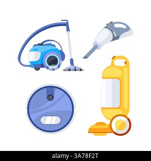 Professionelle Reinigungsgeräte. Hausarbeit, moderner Service. Staubsaugerroboter. Stock Vektor