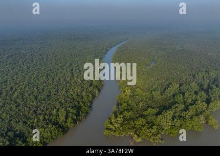 Ein Blick aus der Vogelperspektive auf die Sundarbans mit dem weltweit größten Mangrovenwald in Bagerhat, Bangladesch. Stockfoto