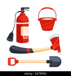 Feuerwehr Notfallausrüstung Set. Brandschutzausrüstung. Feuerwehrwerkzeuge. Stock Vektor