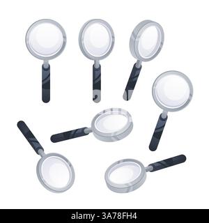 Vergrößerungsglas-Set. Minimal transparent rendern. Lupa vergrößern, Zoomausrüstung. Suchkonzept. Stock Vektor
