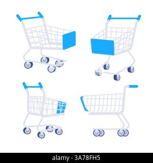 Vier leere Einkaufswagen mit blauen Griffen auf weißem Hintergrund, perfekt für Einzelhandelstherapie und Online-Shopping-Projekte Stock Vektor