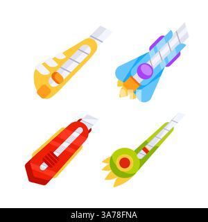 Mehrzweckmesser-Kastenschneider. Messersatz für Schreibwaren. Dieses Schneidwerkzeug. Stock Vektor