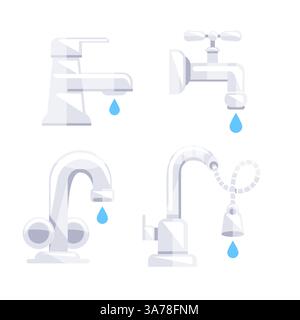 Vier verschiedene Illustrationen von Wasserhähnen, die Wassertropfen auslaufen und Konzepte wie Sanitär- und Wasserschutz darstellen Stock Vektor