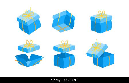 Sammlung blauer Geschenkboxen mit gelben Bändern, die verschiedene Phasen des Öffnens und Schließens zeigen Stock Vektor