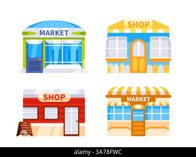 Eine Reihe von Geschäften und Märkten mit großen Fenstern zur Warenpräsentation, mit einem Schild an der Fassade, isoliert auf weiß Stock Vektor